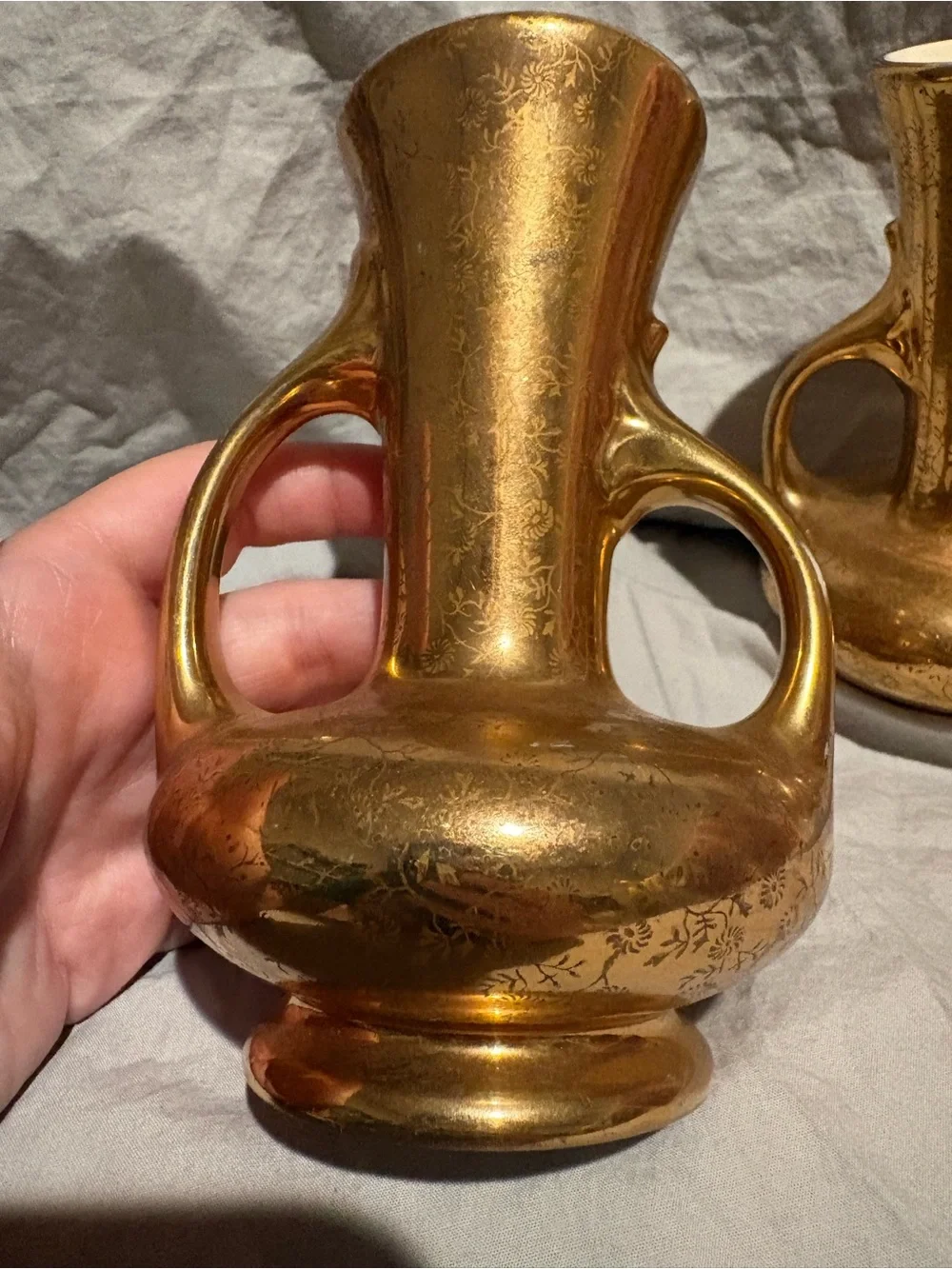 Pearl China 22K Gold Decorative Double-Handled Ceramic Vases - Pair